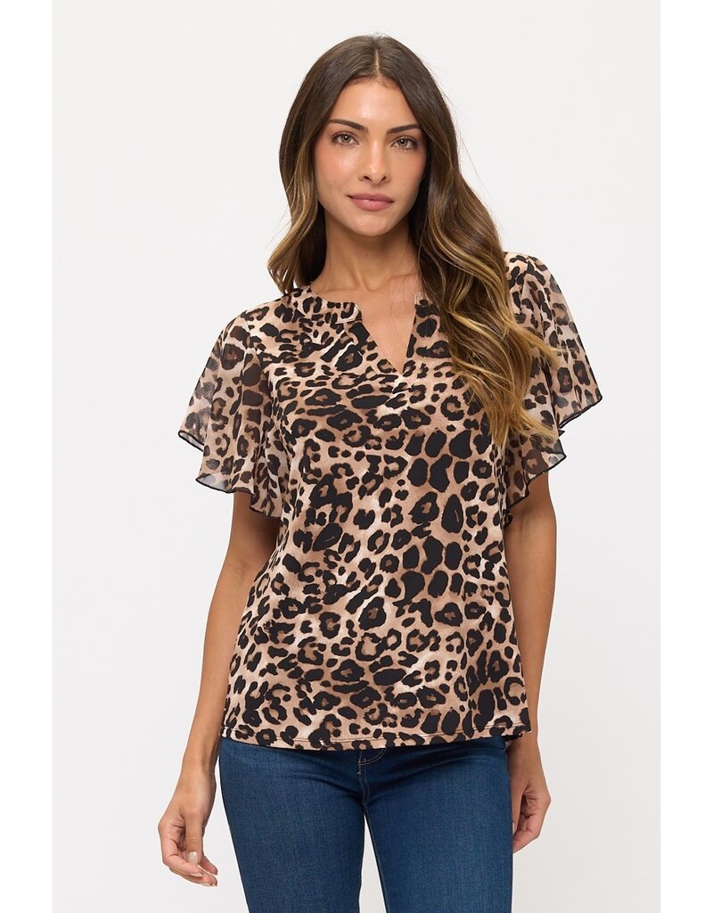 Leopard PrintTop W/ Flutter & V-Neck Detail