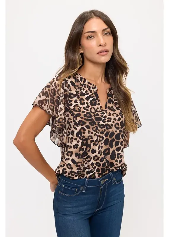 Leopard PrintTop W/ Flutter & V-Neck Detail