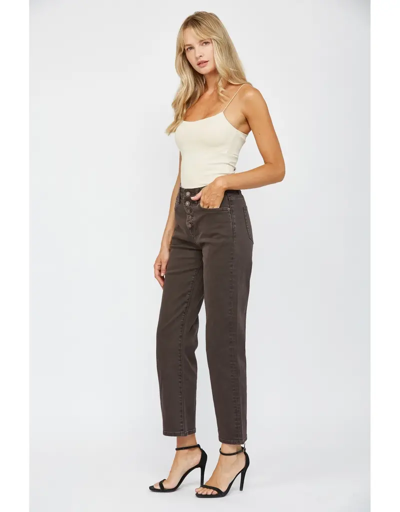 Button Fly High Rise Straight Leg Jean