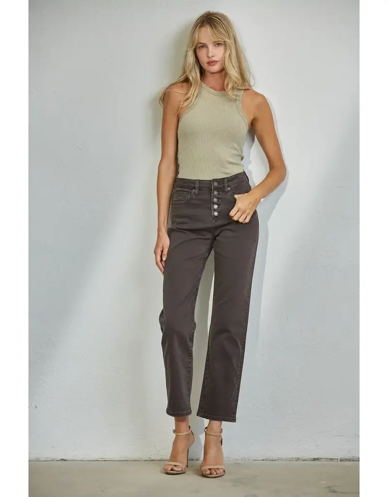 Button Fly High Rise Straight Leg Jean