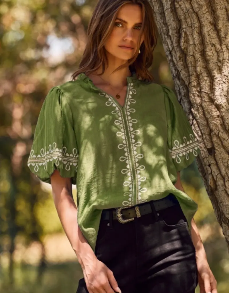 Emily Embroidered & Bubble Sleeve Top