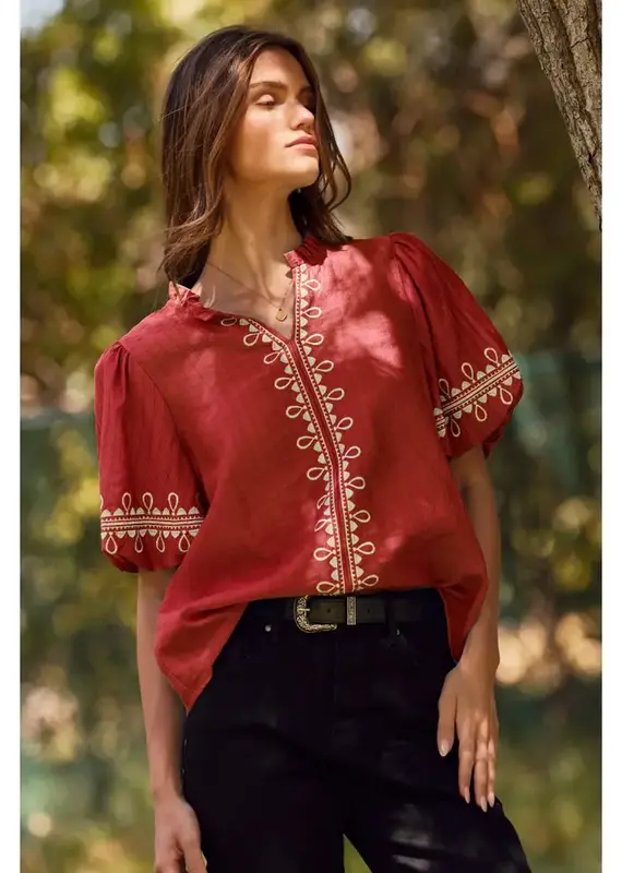 Emily Embroidered & Bubble Sleeve Top