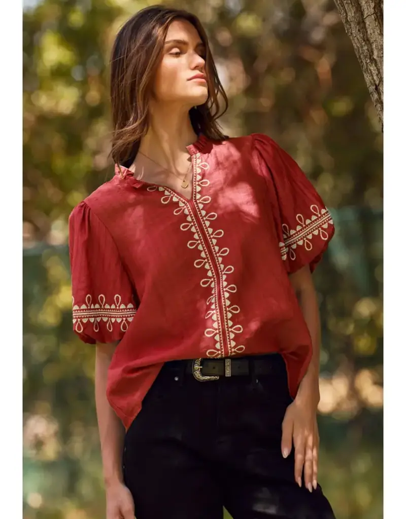 Emily Embroidered & Bubble Sleeve Top