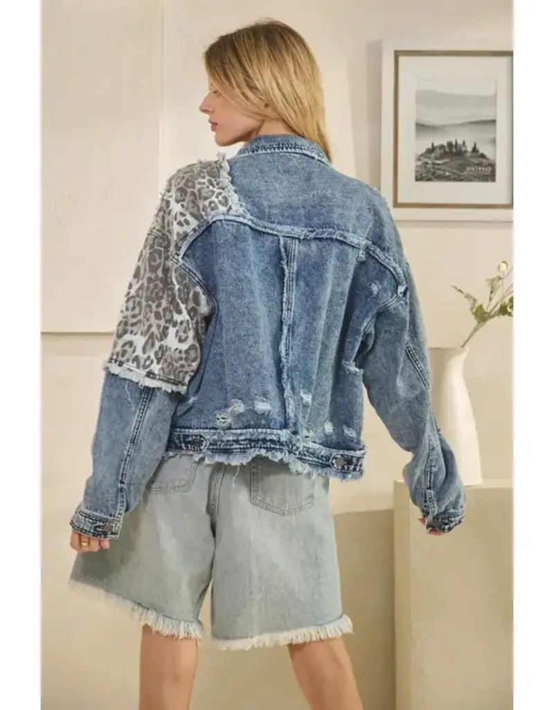 Washed Leopard Contrast Denim Jacket