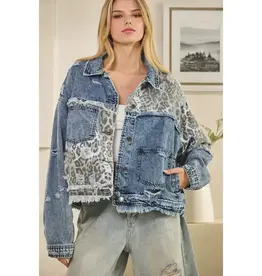 Washed Leopard Contrast Denim Jacket