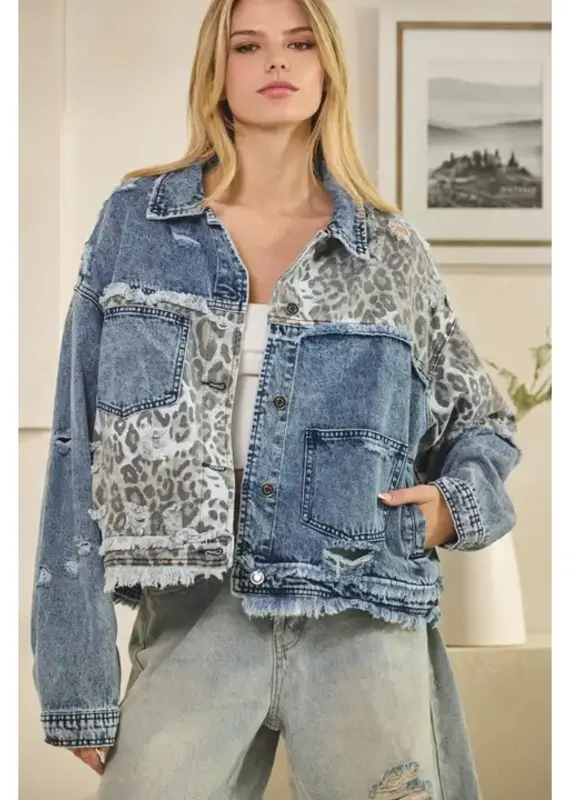 Washed Leopard Contrast Denim Jacket