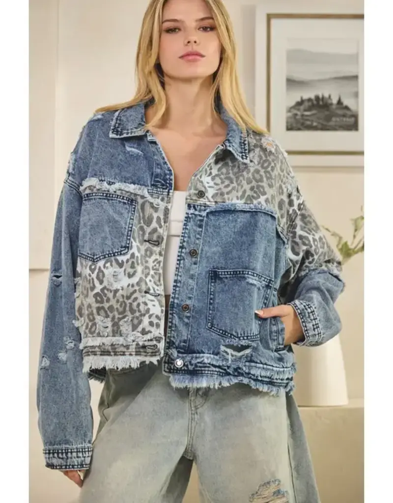 Washed Leopard Contrast Denim Jacket