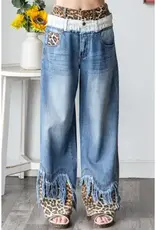 Leopard Trim Doubled Waist Jean with Frayed Hem Detail