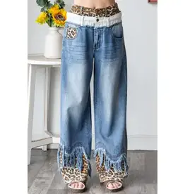 Leopard Trim Doubled Waist Jean with Frayed Hem Detail