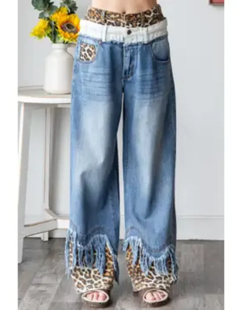 Leopard Trim Doubled Waist Jean with Frayed Hem Detail
