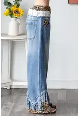 Leopard Trim Doubled Waist Jean with Frayed Hem Detail