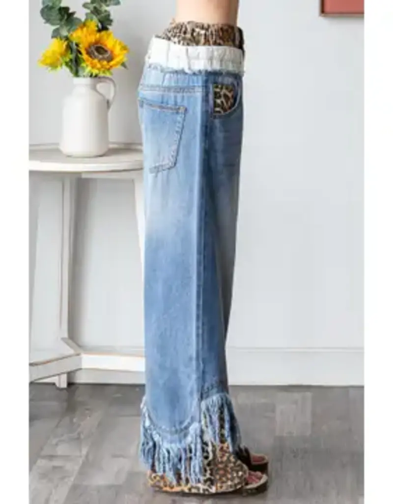 Leopard Trim Doubled Waist Jean with Frayed Hem Detail