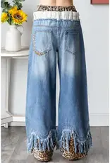 Leopard Trim Doubled Waist Jean with Frayed Hem Detail