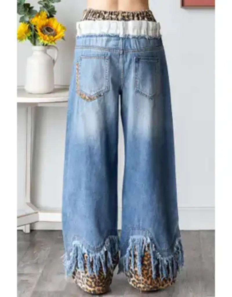 Leopard Trim Doubled Waist Jean with Frayed Hem Detail