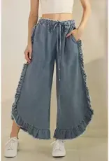 Frayed Ruffle Trim & Hem Denim Pant