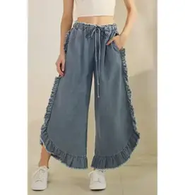 Frayed Ruffle Trim & Hem Denim Pant