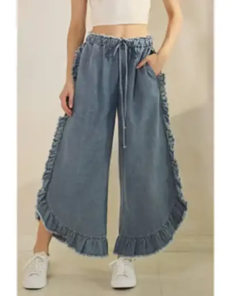 Frayed Ruffle Trim & Hem Denim Pant