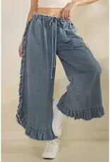 Frayed Ruffle Trim & Hem Denim Pant