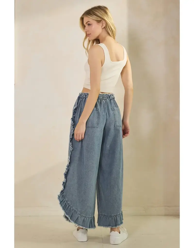 Frayed Ruffle Trim & Hem Denim Pant