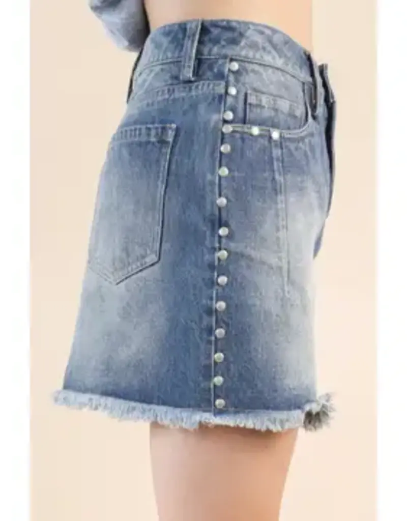 Washed Denim Skirt With Side Stud Detail