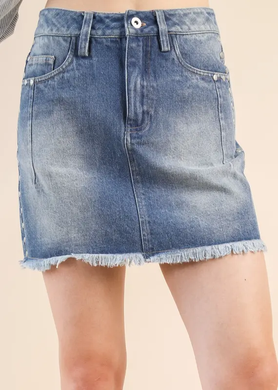 Washed Denim Skirt With Side Stud Detail