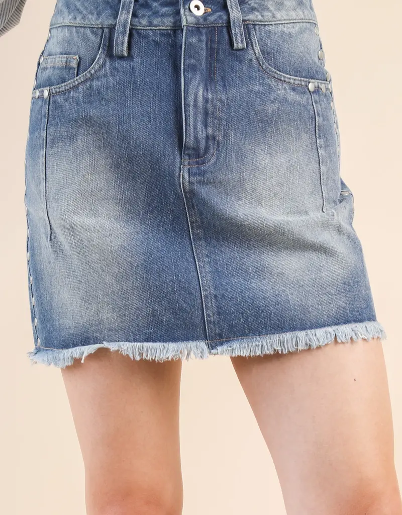 Washed Denim Skirt With Side Stud Detail