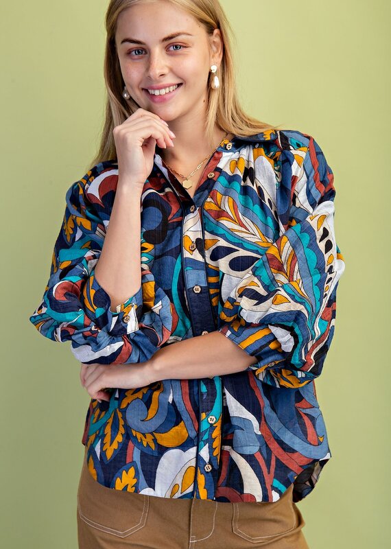 Retro Print Raglan Puff Sleeve Top