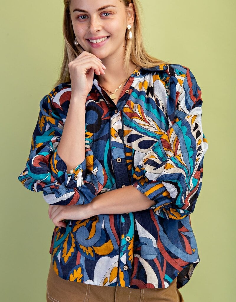 Retro Print Raglan Puff Sleeve Top