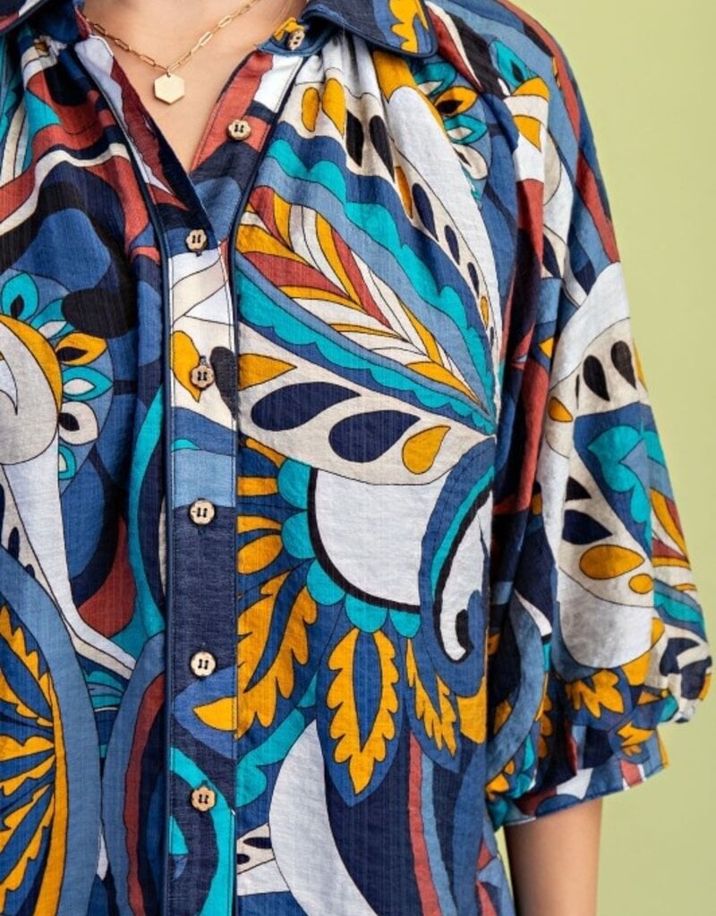 Retro Print Raglan Puff Sleeve Top