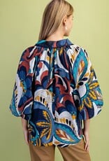 Retro Print Raglan Puff Sleeve Top