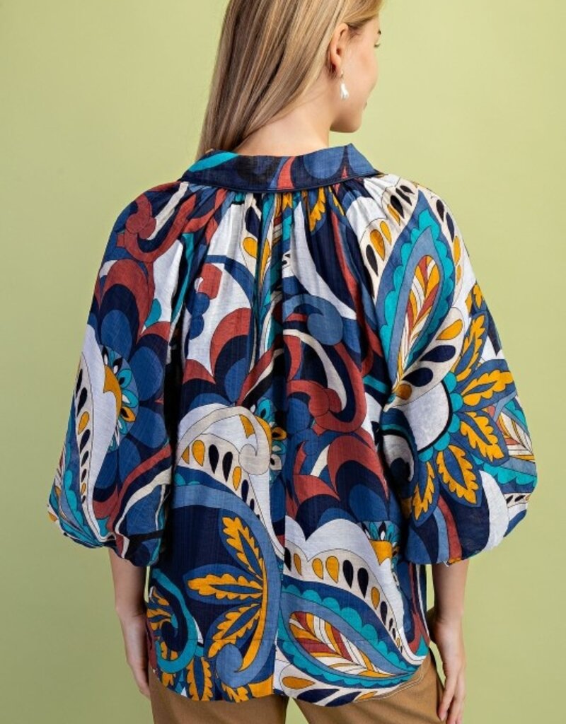 Retro Print Raglan Puff Sleeve Top