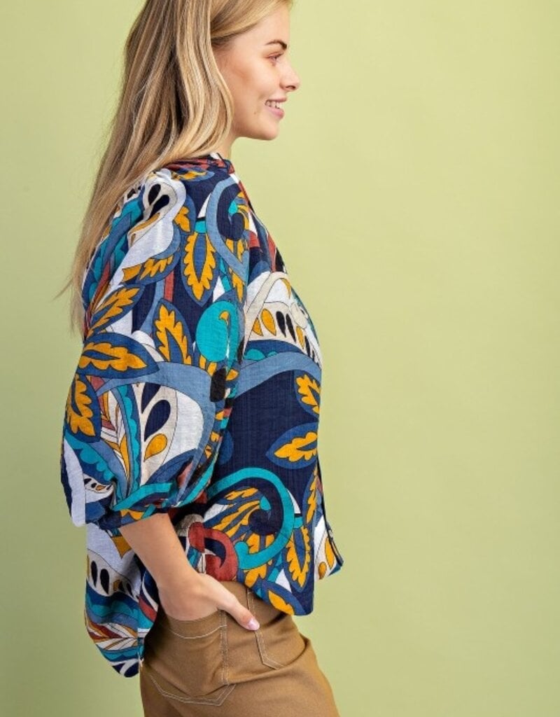 Retro Print Raglan Puff Sleeve Top