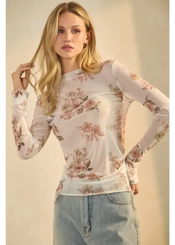 Floral Sheer Mesh Long-Sleeve Top