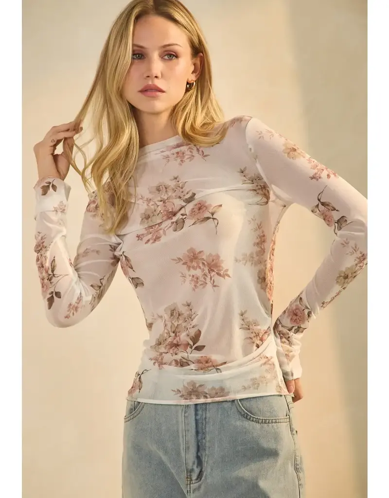 Floral Sheer Mesh Long-Sleeve Top