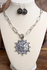 Equestrian Western Horse Coin Statement Necklace Set – Worn Silver Tone