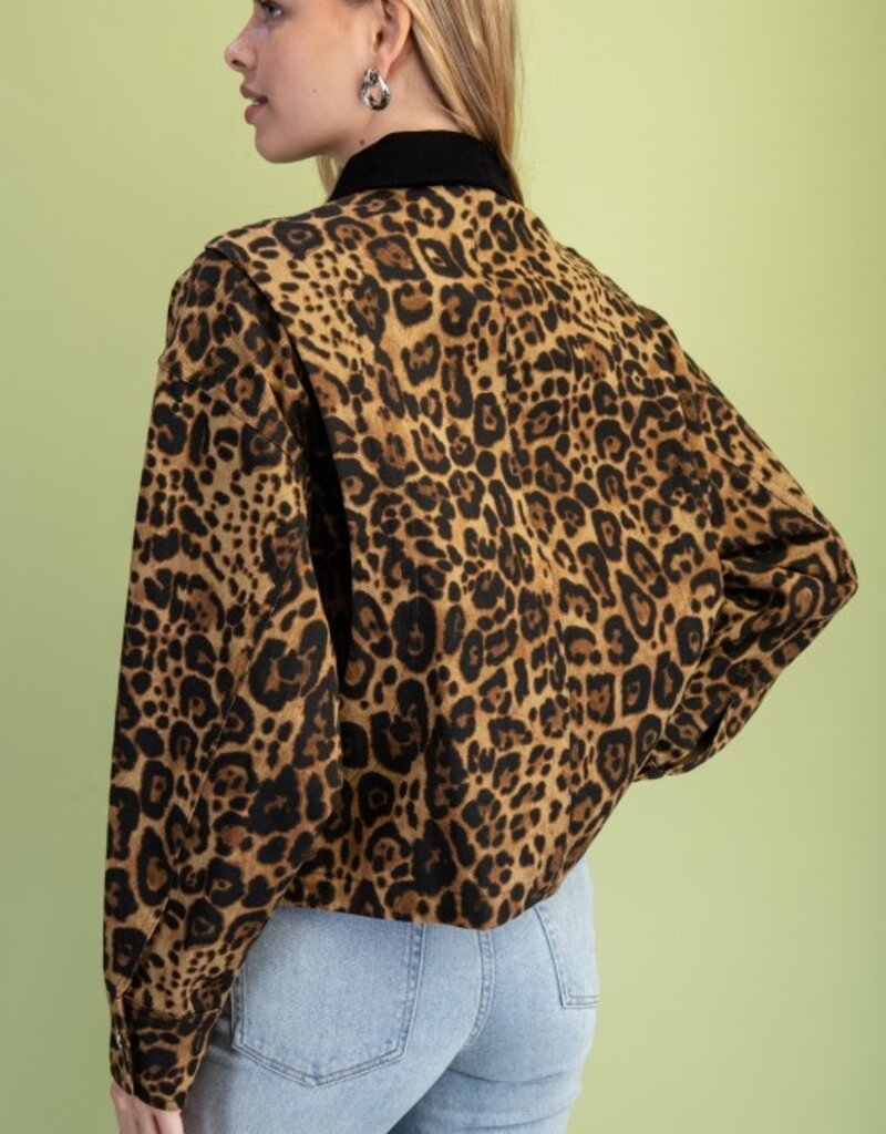 Leopard Snap Front Jacket with Front Patch Pockets