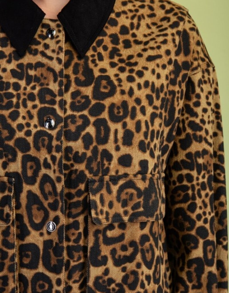 Leopard Snap Front Jacket with Front Patch Pockets