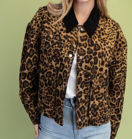 Leopard Snap Front Jacket with Front Patch Pockets