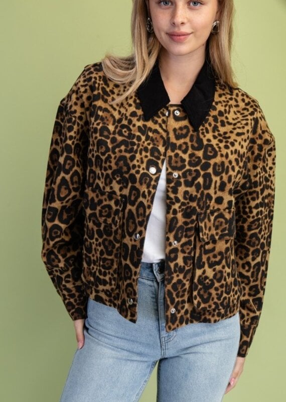 Leopard Snap Front Jacket with Front Patch Pockets