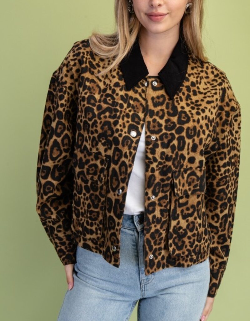 Leopard Snap Front Jacket with Front Patch Pockets