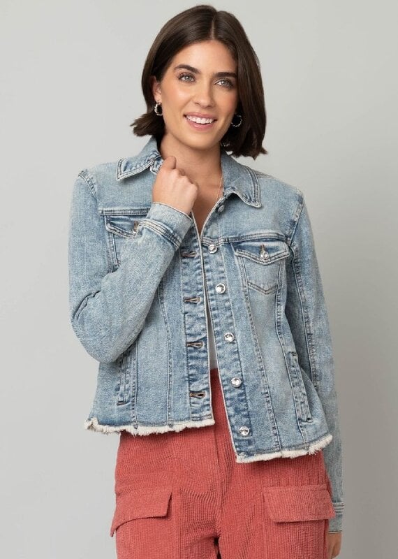 Frayed Denim Jacket w/ Rhinestone Buttons