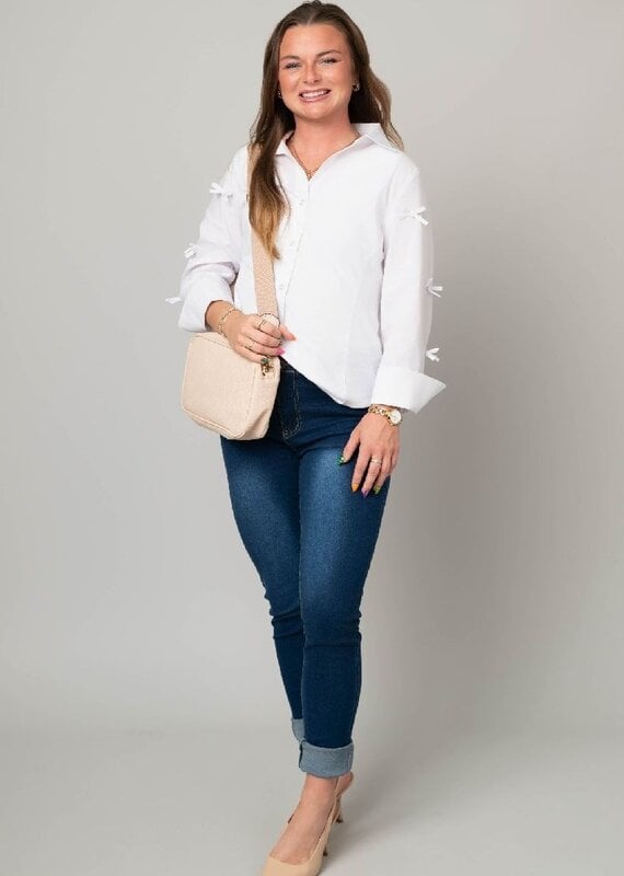 Poplin Button Front Blouse w/ Bow Details