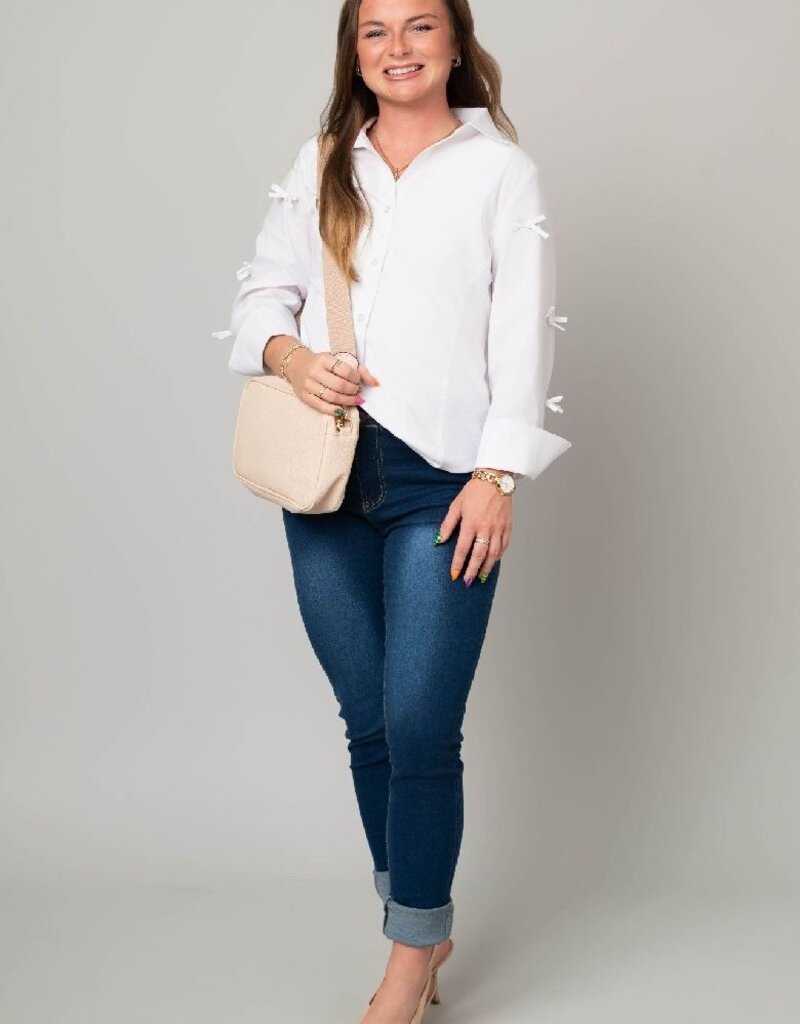 Poplin Button Front Blouse w/ Bow Details