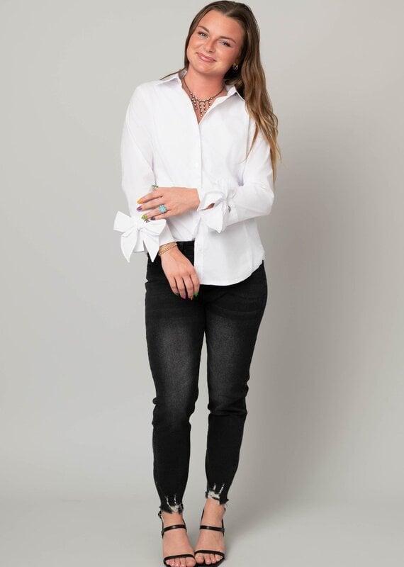 Poplin Button Front Blouse w/ Bow Tie Cuffs
