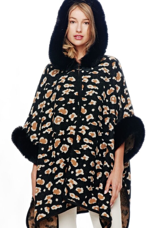 Leopard Faux Fur Cape With Hood * 2 colors Black & Khaki