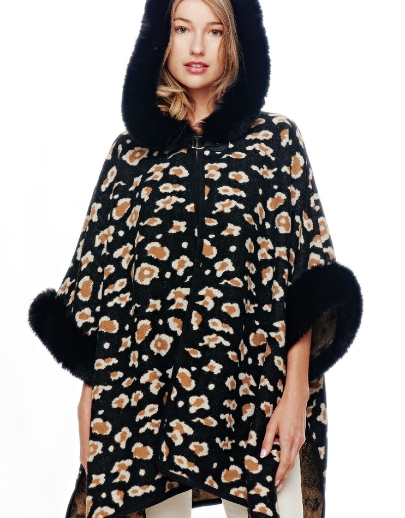 Leopard Faux Fur Cape With Hood