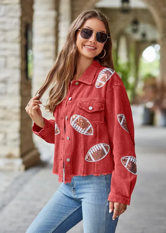 Cropped Corduroy Sequin Football Jacket