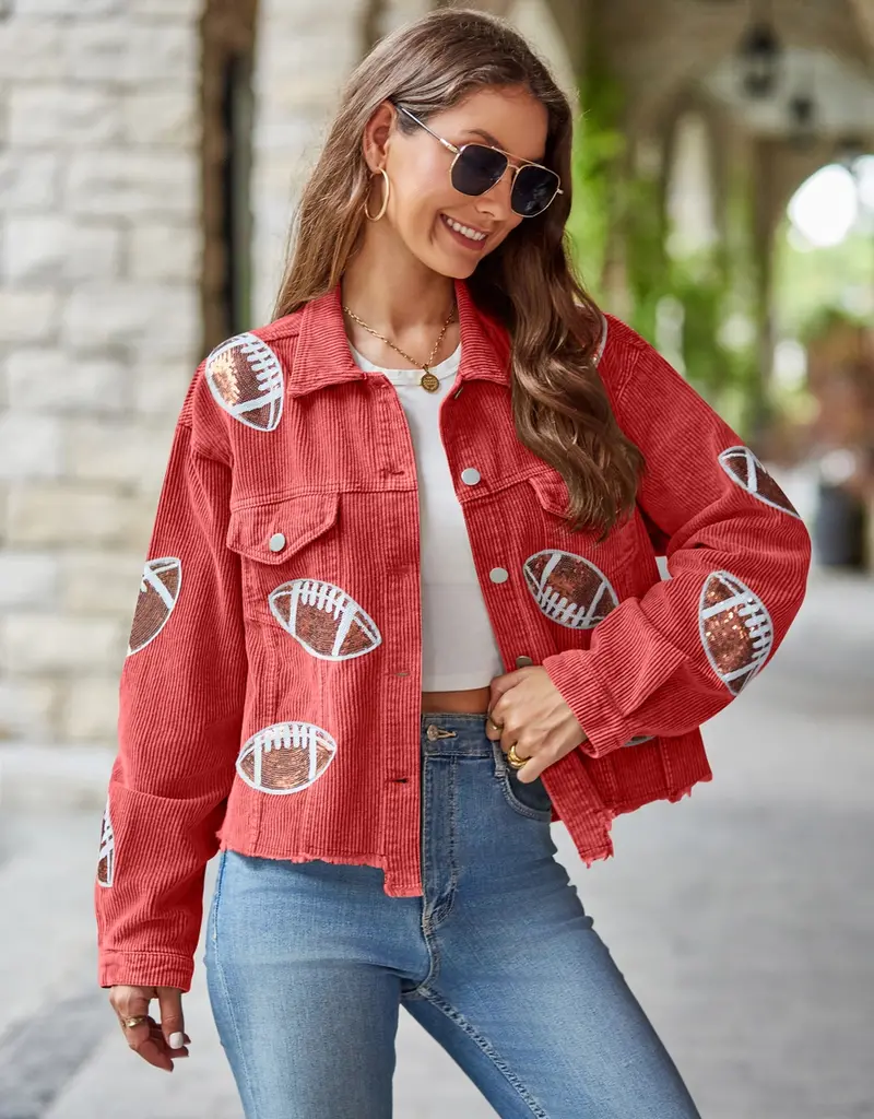 Cropped Corduroy Sequin Football Jacket