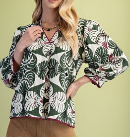 V-Neck Top with 3/4 Length Sleeves and Ric-Rac Trim