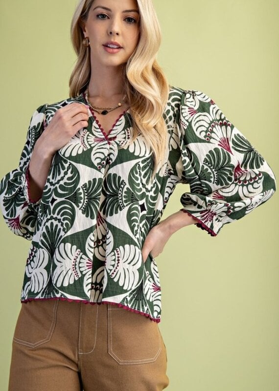 V-Neck Top with 3/4 Length Sleeves and Ric-Rac Trim